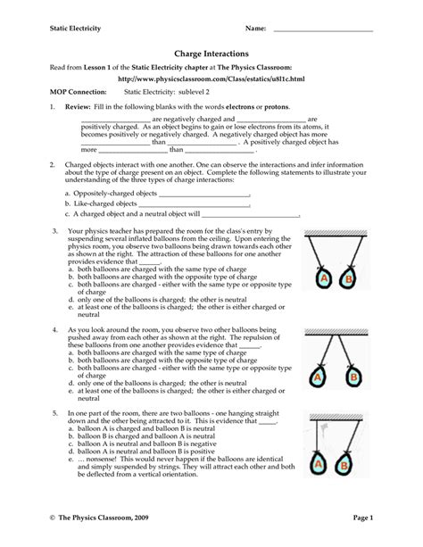 static electricity charge interactions worksheet answers